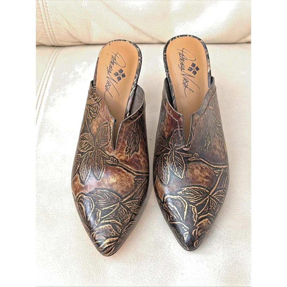 Patricia Nash Ruffina Womens 8 Heeled Leather Mules Western Pointed Boho Gold